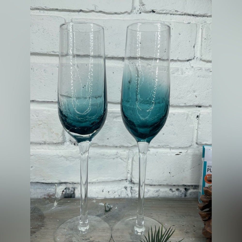 Pier 1 Teal Crackle Glass Fluted Champagne Glasses